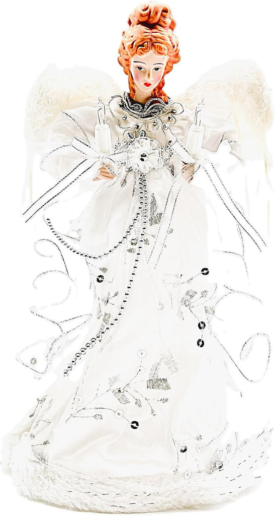 Ice Palace Lighted White and Silver Angel Christmas Tree Topper with Clear Lights, 12"