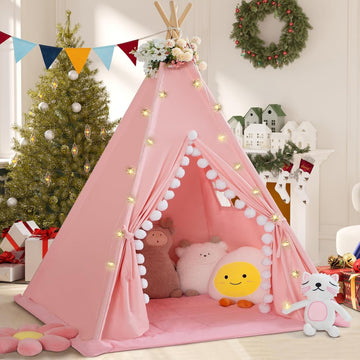 Teepee Tent for Kids with Padded Mat Cotton Canvas Kids Tent with Pompom for Toddlers Indoor Play Tent for Girls Boys