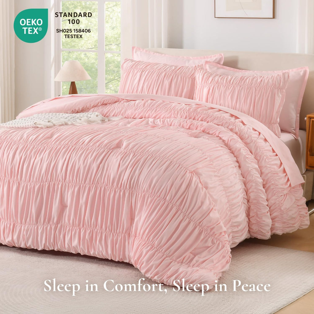 Ruched Pink Comforter Sets, 7 Pieces Ruffle Bed in a Bag