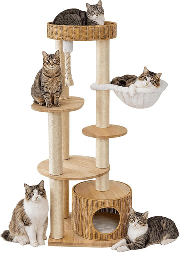53'' Solid Wooden Cat Tree for Indoor Cats, Modern Large Cat Tower