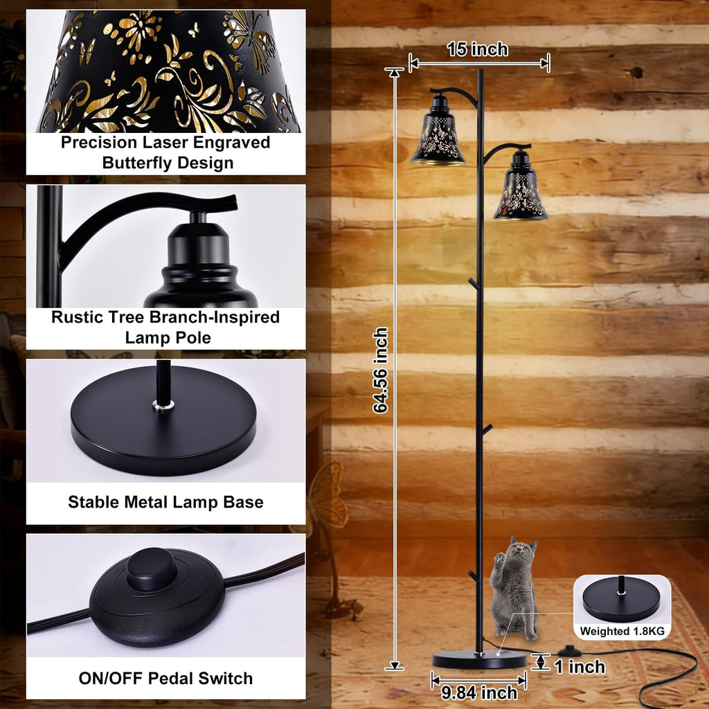 2-Light Rustic Floor Lamp, Butterfly Cutout Bell Shade Black Metal Tree Standing Lamp, 64.56" Farmhouse Floor Lamp, Bar