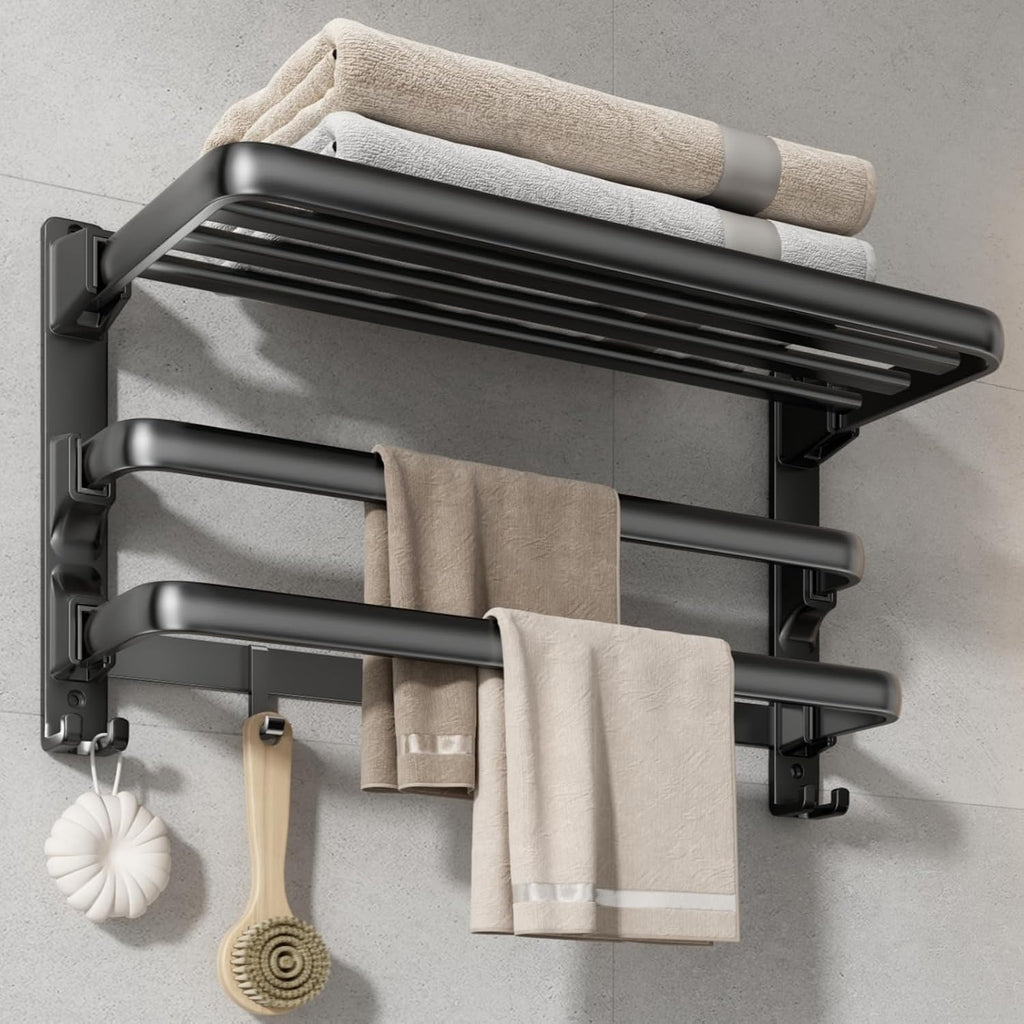 24-Inch Towel Rack,Bathroom Towel Shelf with 2 Towel Bar Foldable Towel Holder with 7 Hooks Towel Storage Organizer &