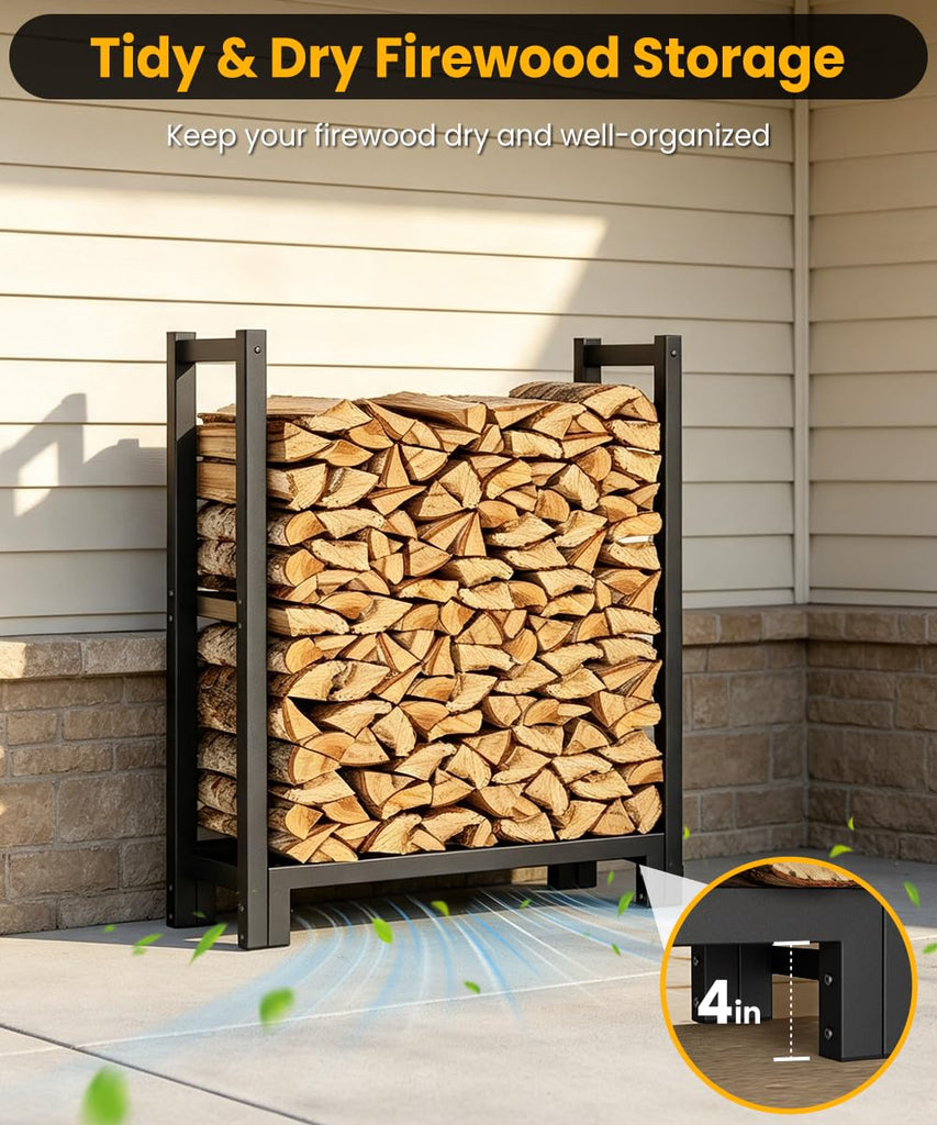 2FT Firewood Rack Outdoor Indoor, Upgraded Heavy Duty Fire Wood Stacker Stand, 1/8 Cord Capacity Raised Log Holder Up