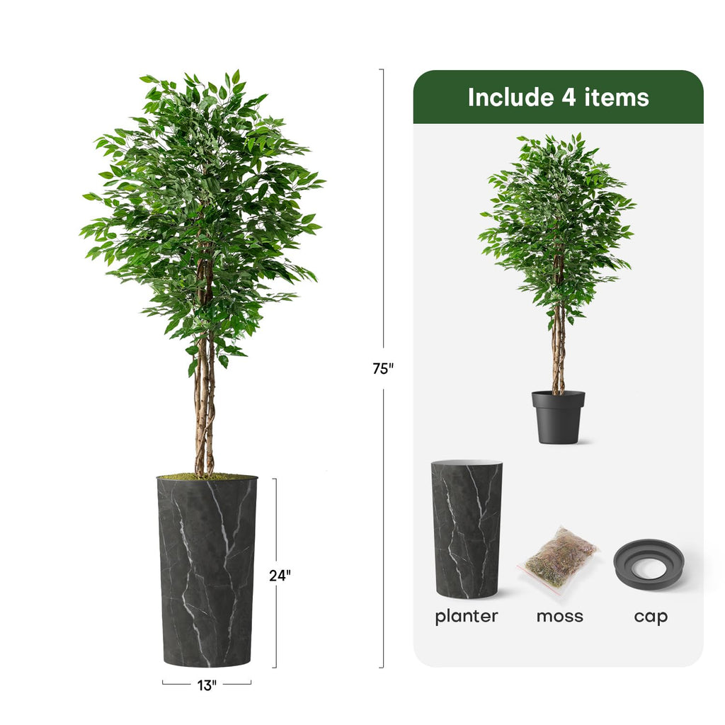 Artificial Tree in Modern Granite Effect Planter, Fake Ficus Silk Tree for Indoor and Outdoor Home Decoration - 75"