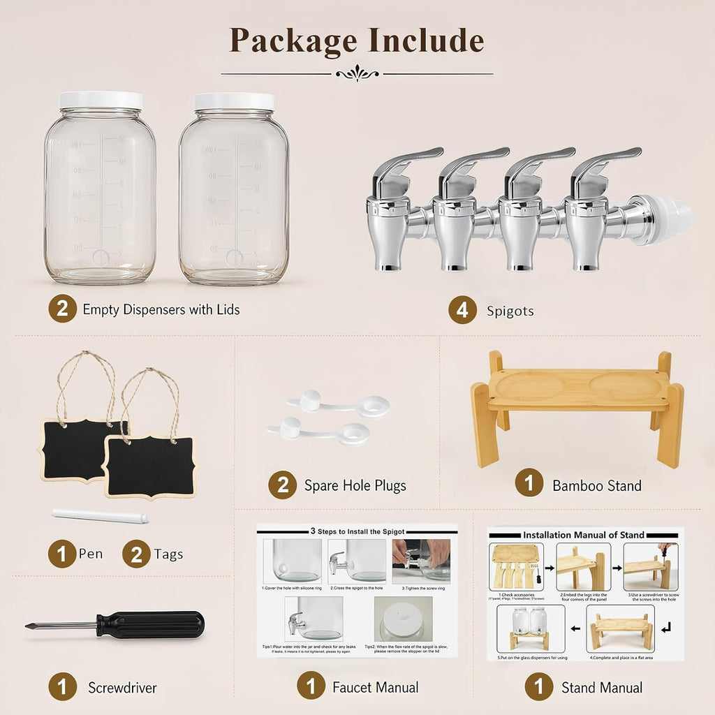 Gallon Large with Stand for Parties, Glass Iced Beverage Dispensers with Spigot, Reusable Water Dispenser - Set of 2