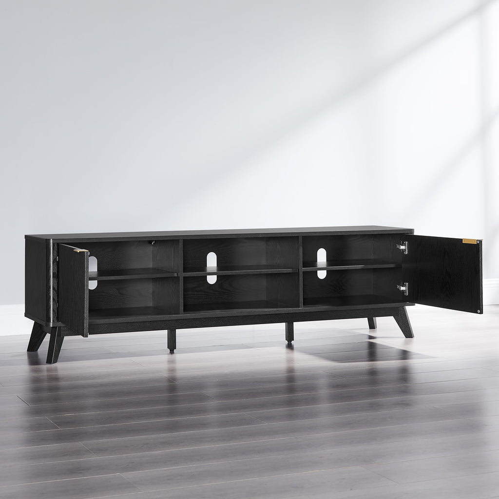70" Mid-Century Modern Fluted TV Stand, 2 Soft-Close Doors, Black Oak