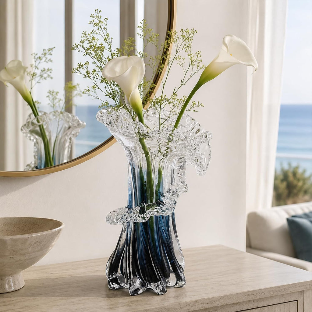 Blue White Clear Wave Vases Gradient, Murano Hand Blown Glass Vase Unique Art Decorative, for Ocean Themed Coastal