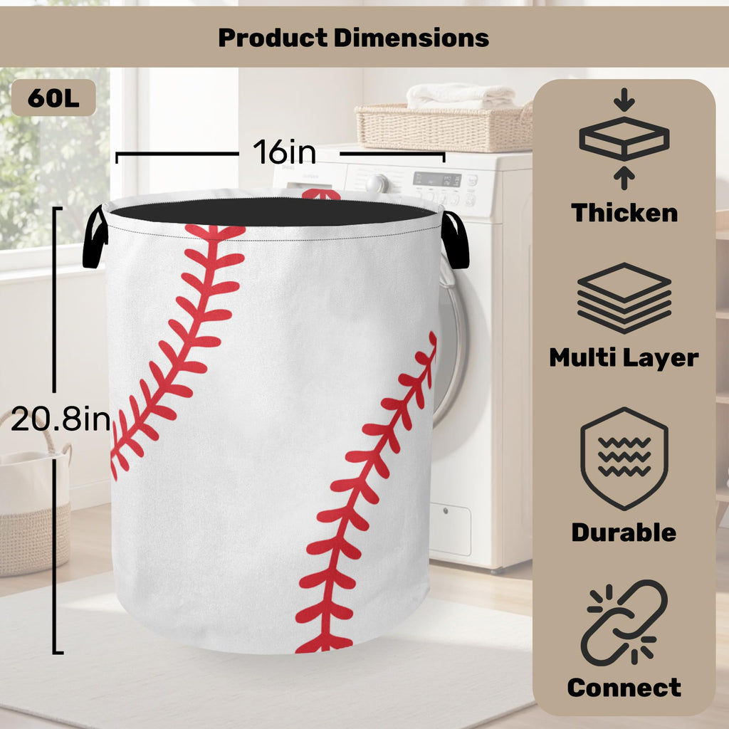 Baseball Large Clothes Hamper Bag - Laundry Basket with Handles, Space Saving Foldable Design