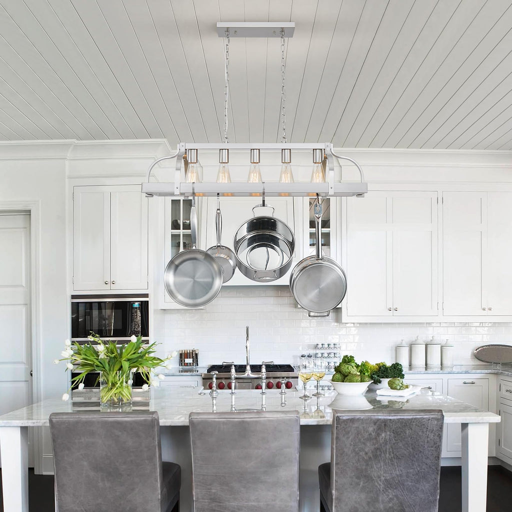 5-Light Metal Pot Hanging Rack Chandelier Linear Pendant Ceiling Lighting Rustic Farmhouse Fixture Kitchen Island