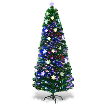 6ft Fiber Optic Artificial Christmas Tree, Pre-Lit Xmas Tree with Colorful Snowflake LED Lights, 220 Branch Tips
