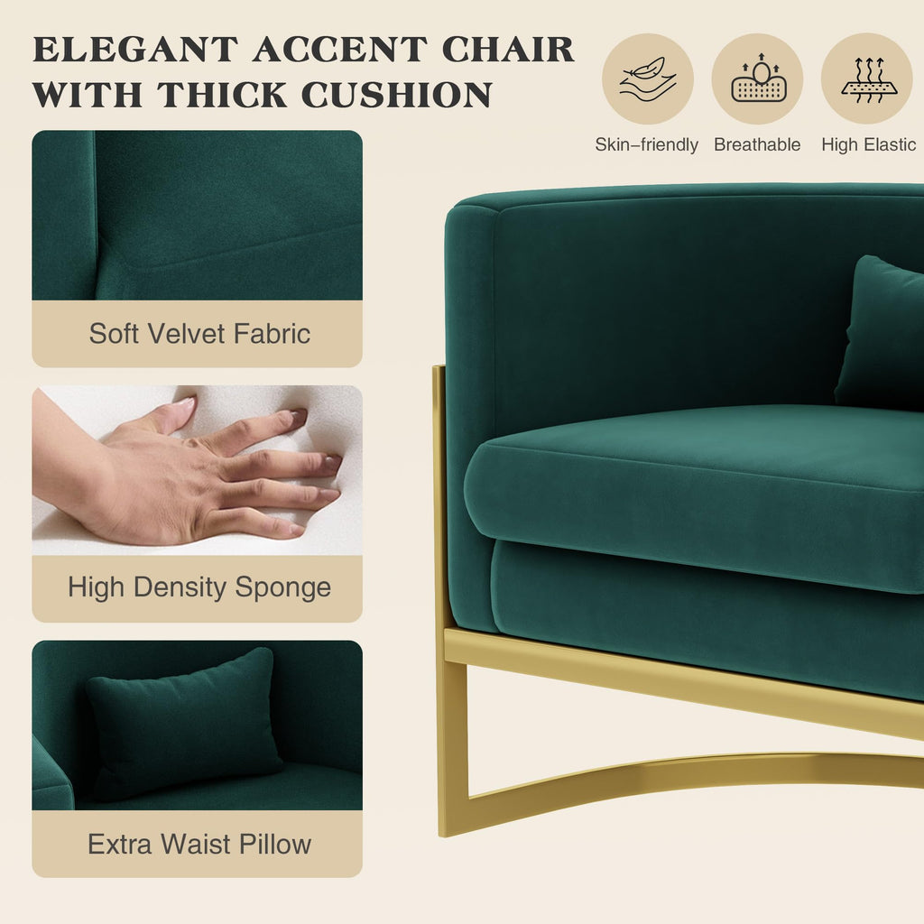 Green Accent Chair Modern Velvet Barrel Chair with Gold Metal Legs