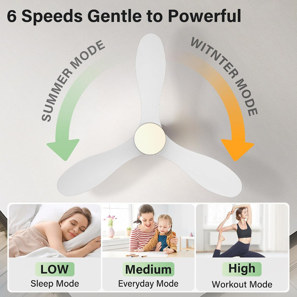 42 Inch Smart Flush Mount Ceiling Fan with Light and Remote - Low Profile, 3 Solid Wood Blades, Dimmable LED, Works with Alexa & Google - White