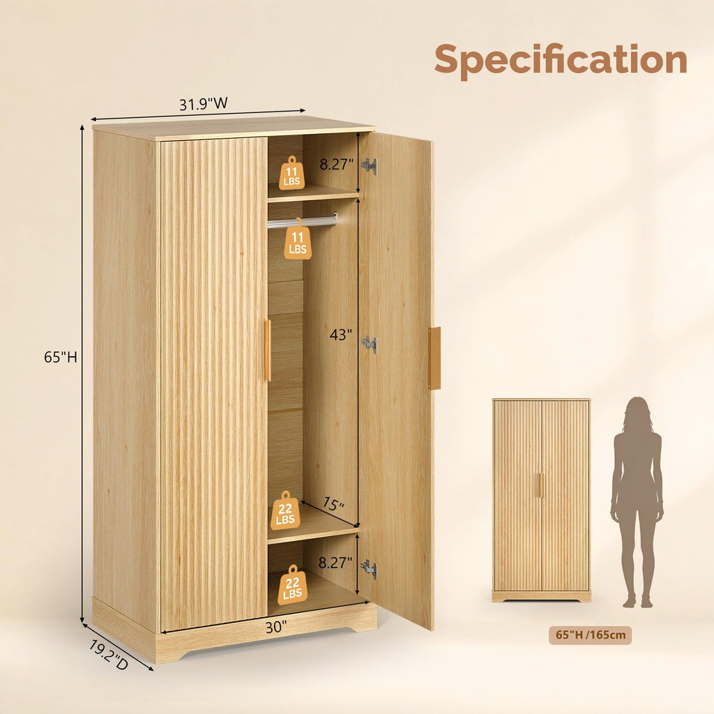 Armoire Wardrobe Closet with Doors, Fluted Wardrobe Armoire, Wooden Closet