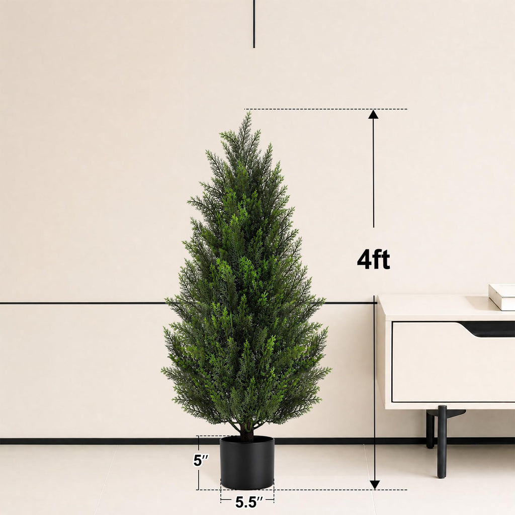 4FT Artificial Topiary Cedar Trees, UV-Resistant Faux Evergreen Outdoor Plants, Artificial Pine Tree for Outdoor