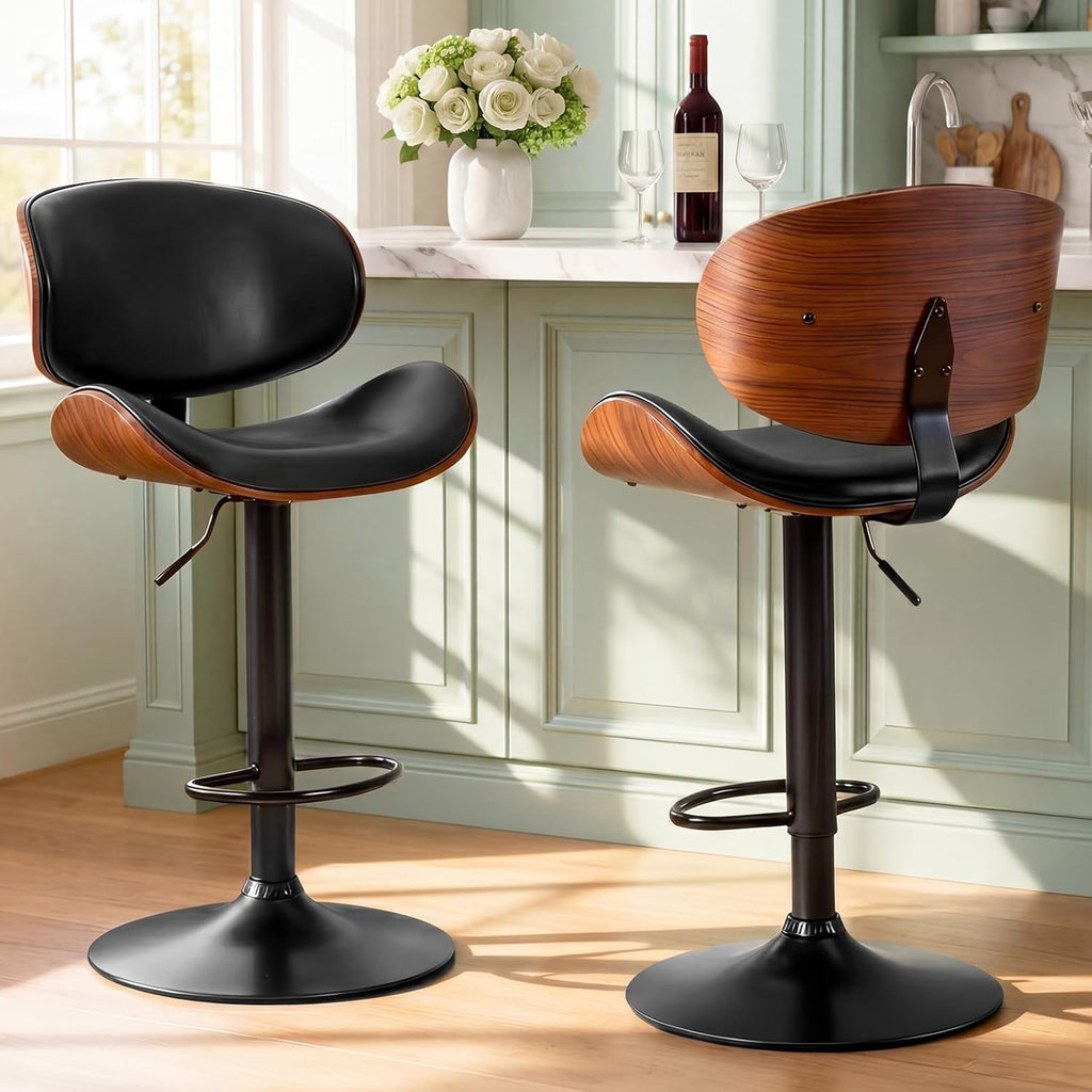 Swivel Bar Stools Set of 4, Adjustable Counter Height 24.6"-33.3" Bentwood BarStools, PU Leather Upholstery Bar Chair
