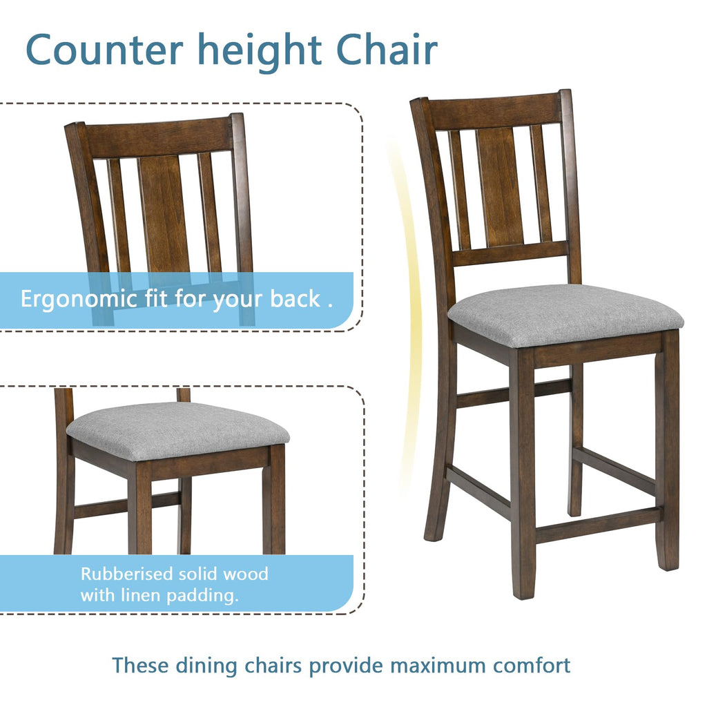 5-Piece Counter Height Dining Table Set with Square Table and 4 Upholstered Slatted Backrset Chair, for 4 Person