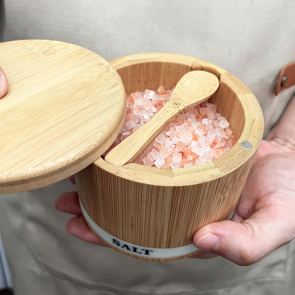 Salt Cellar with Lid, Bamboo Wood Salt Containers for Countertop