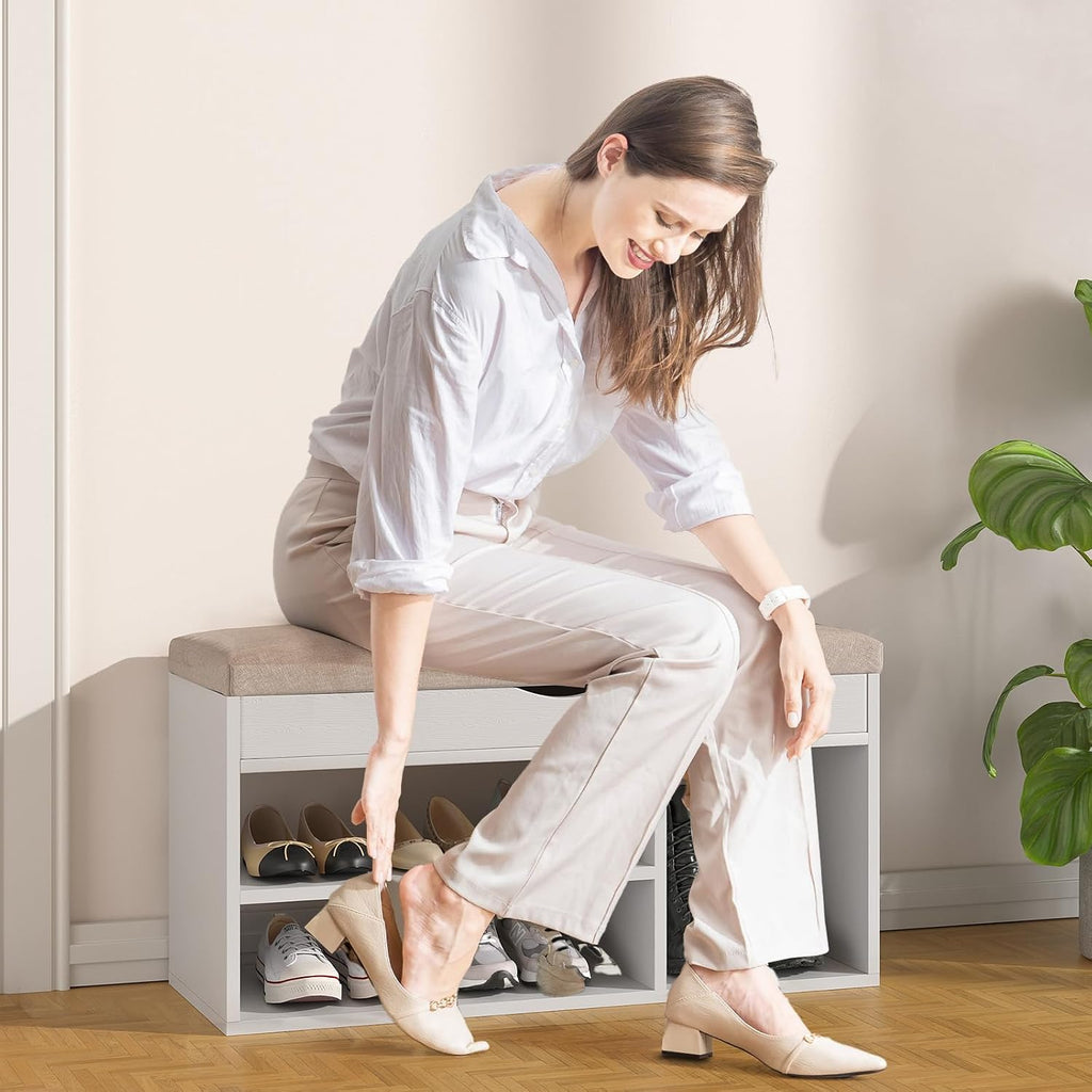 31 Inches Storage Bench with Padded Cushion, Shoe Bench with Storage Space, Upholstered Entryway Bench , 2-Tier Shoe