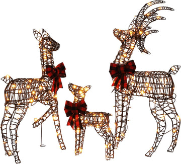Large Outdoor Christmas Decoration, 4FT 3-Piece Lighted Christmas Deer Family Set, Rattan Reindeer, with 210 LED Warm