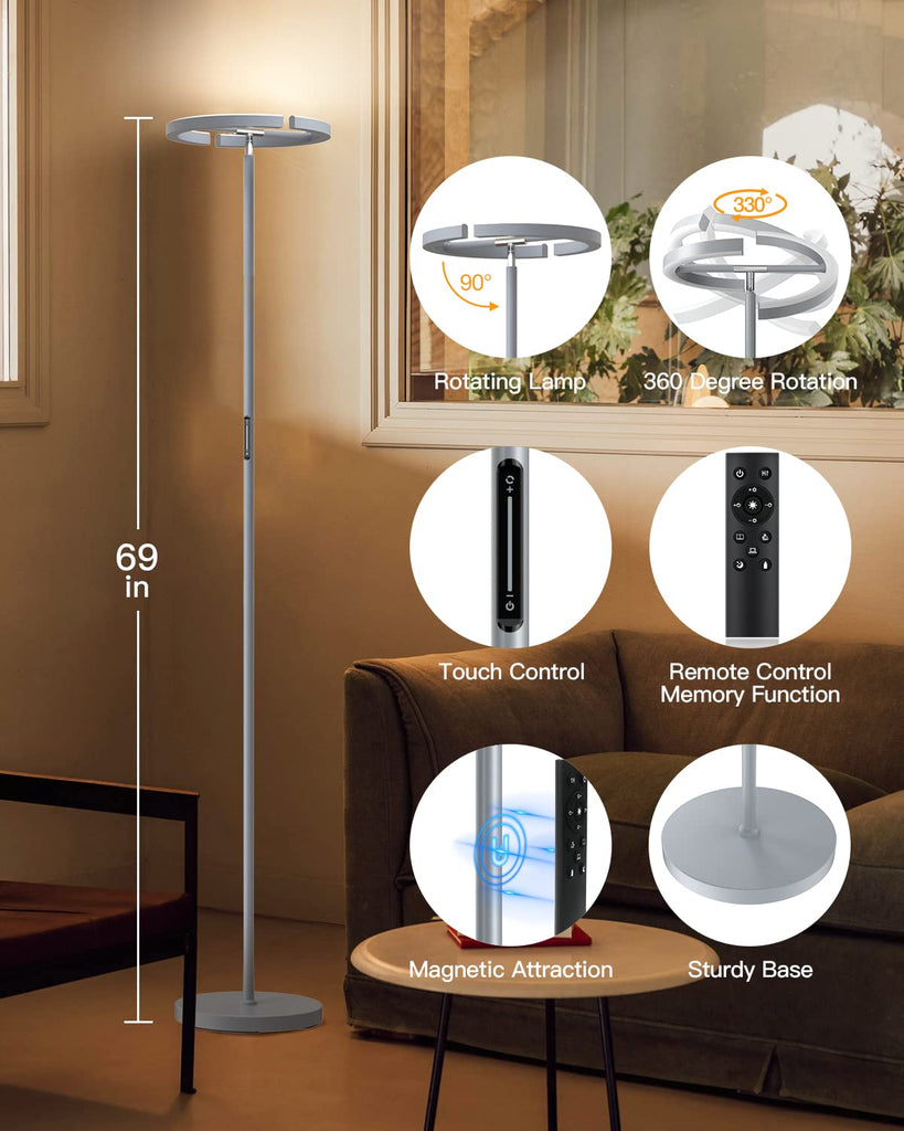 Silver Floor Lamps, Stepless Dimmable Standing Lamp with Touch Remote Control, 22W Rotatable LED Floor Light Tall