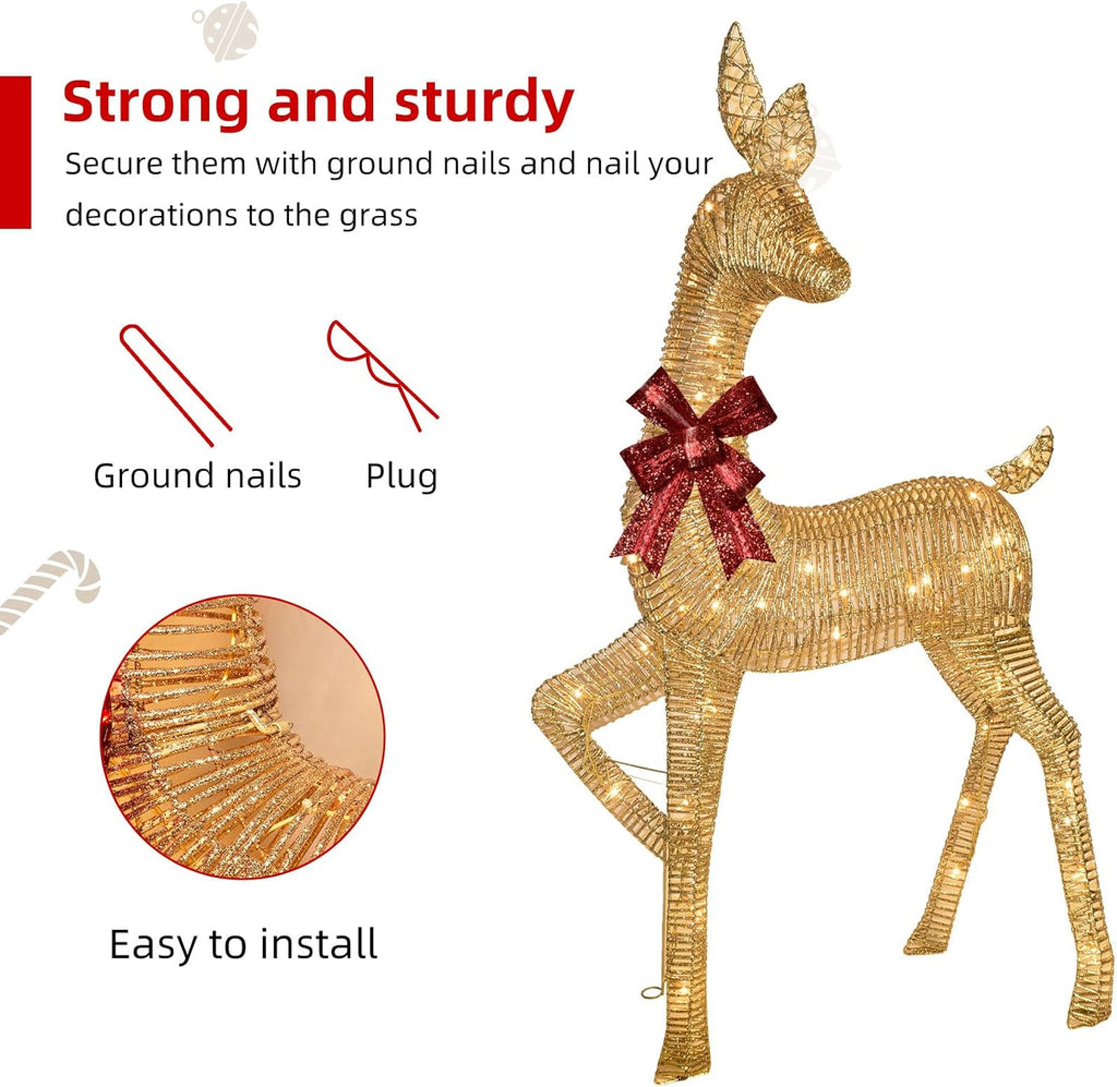 2-Piece Large Lighted Christmas Deer - Outdoor Yard Decoration Rattan Reindeer with 85 LED Lights, Stakes, Zip Ties
