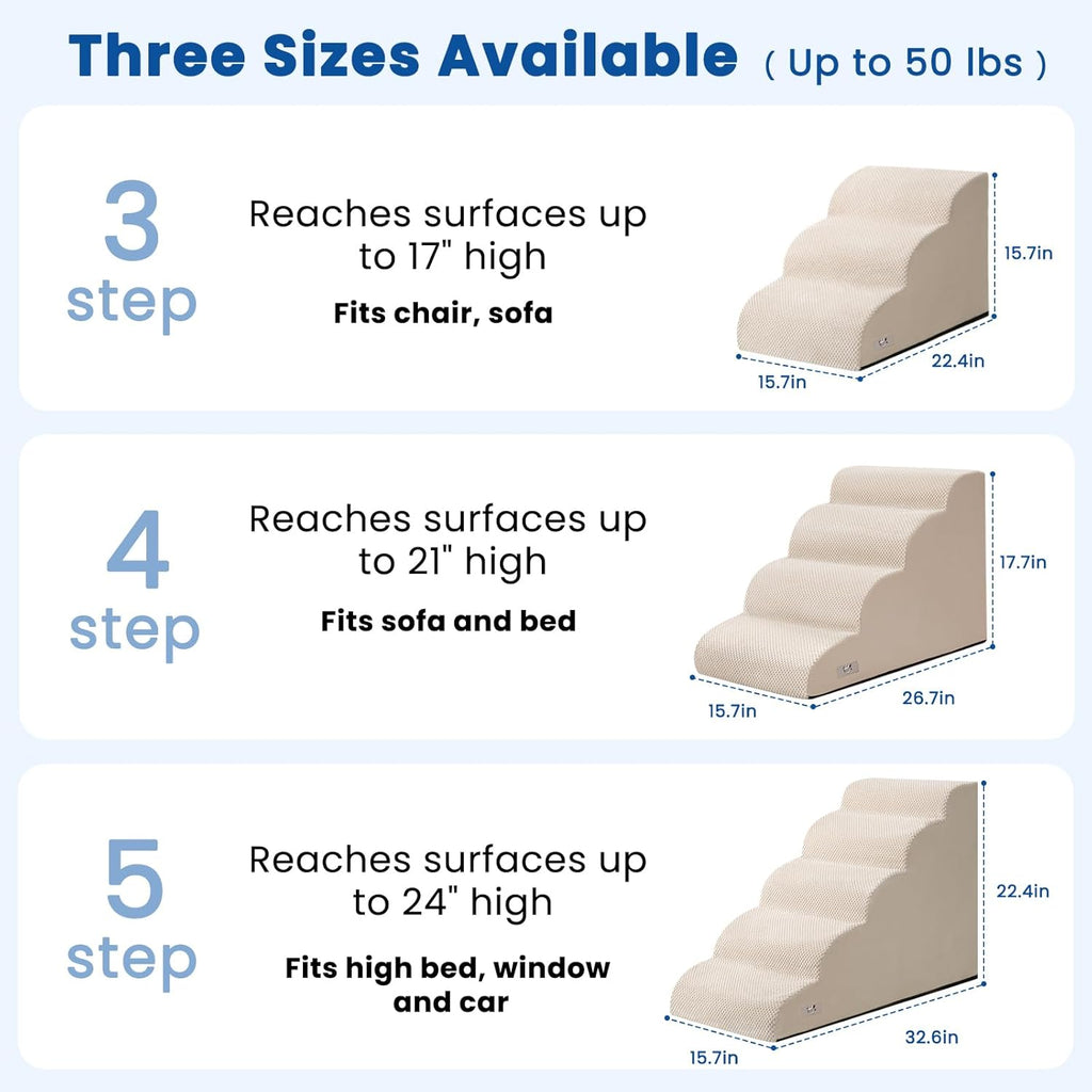 Dog Stairs for Small Dogs and Cats - 3 Step Pet Ramp for Couch & Sofa, Non-Slip Dog Steps for Pets, Washable Cover