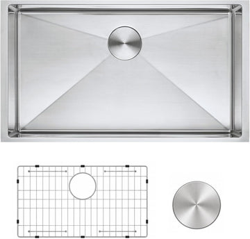 Modena 32-Inch Undermount Kitchen Sink - 32 x 19 x 10 in | 16 Gauge T304 Stainless Steel, Sound Guard, Sloped Bottom