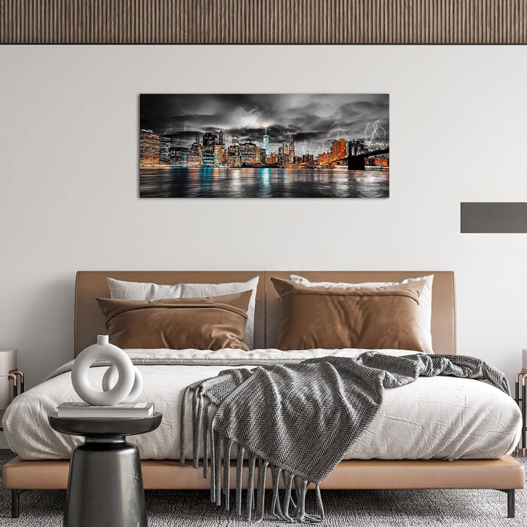 New York City Canvas Wall Art Manhattan Skyline Lightning Storm Cityscape Picture Prints Night Landscape Modern Large
