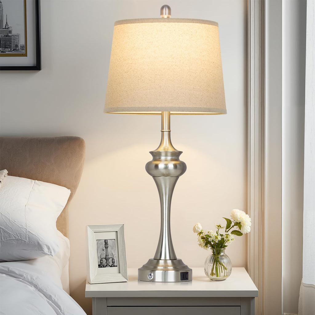 30" Silver Table Lamps Set of 2, 3 Way Touch Control Living Room Lamp with USB A+C Ports, Modern Brushed Nickel