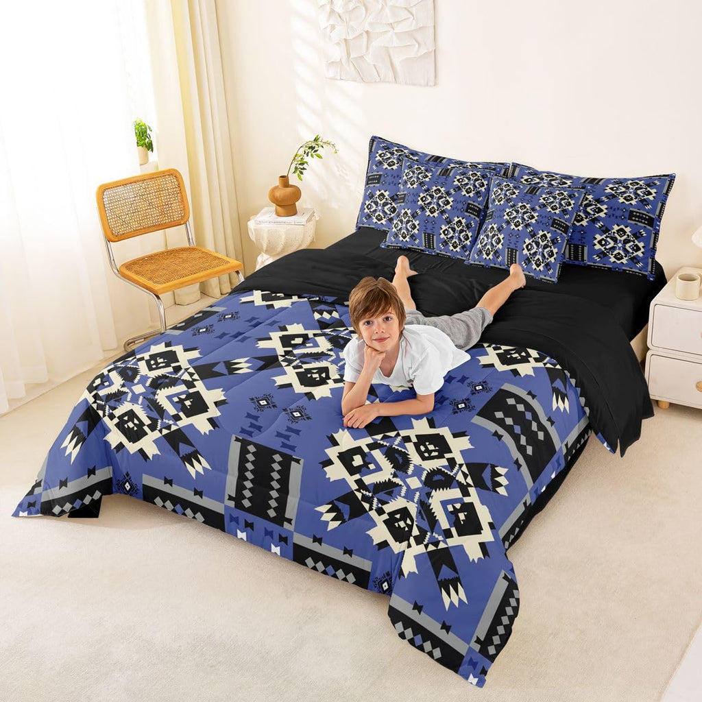 Navy Blue Southwestern Comforter Set 7-Piece Bed in a Bag | Lightweight Aztec Tribal Bedding Sets Black White