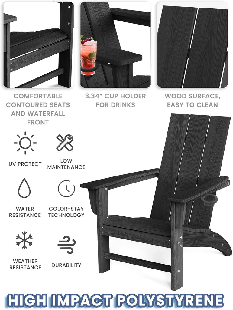 Modern Adirondack Chairs Set of 2, Cup Holder, HDPE Plastic Patio Chairs | Wood Texture Outdoor Chairs, Lawn Chairs