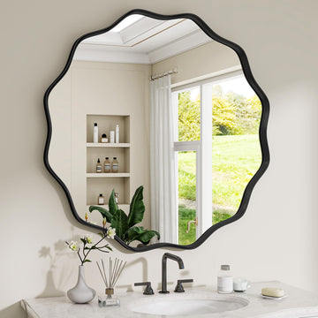Wavy Round Mirror, 24" Scalloped Metal Frame Black Circle Mirror