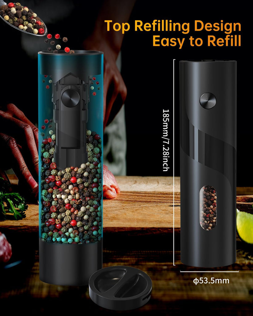 Rechargeable Electric Salt and Pepper Grinder Set with Base, Automatic Pepper Mill Grinders with 110ml Container