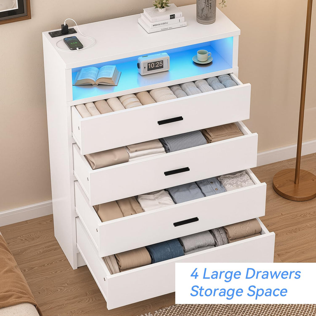 4 Drawer with Power Outlets and LED Wooden Chest of Drawers with Large Organizer White with Metal Sliding Rails