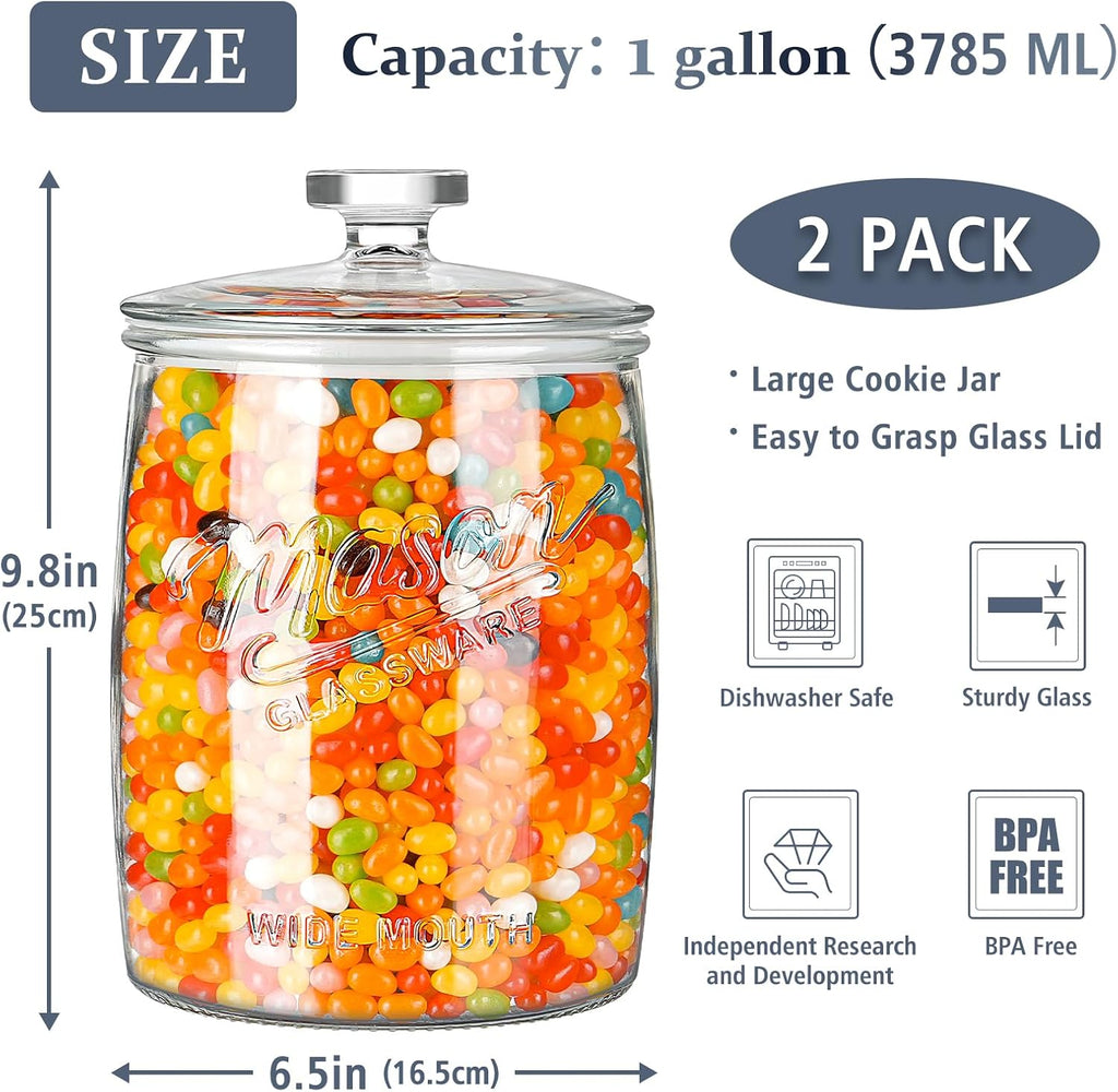 Gallon Glass Cookie Jar with Airtight Lid, 2 Pack - Set of 2