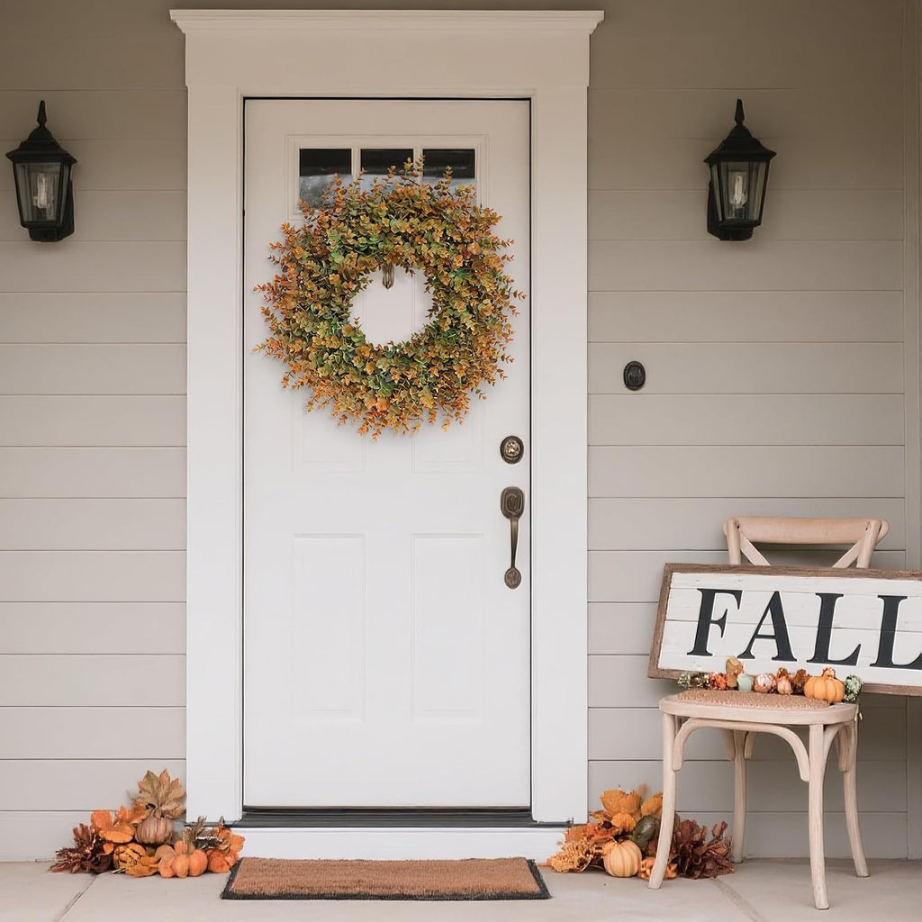 26" Large Fake Eucalyptus Fall Wreath for Front Door Decor(Orange-Green)