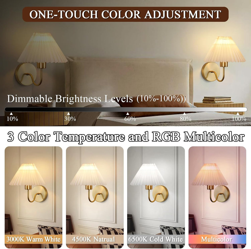 Wall Sconces Sets of 2 RGB Battery Operated Wall Sconces for Bedroom Dresser Classic Golden Wall Lamp with Remote for