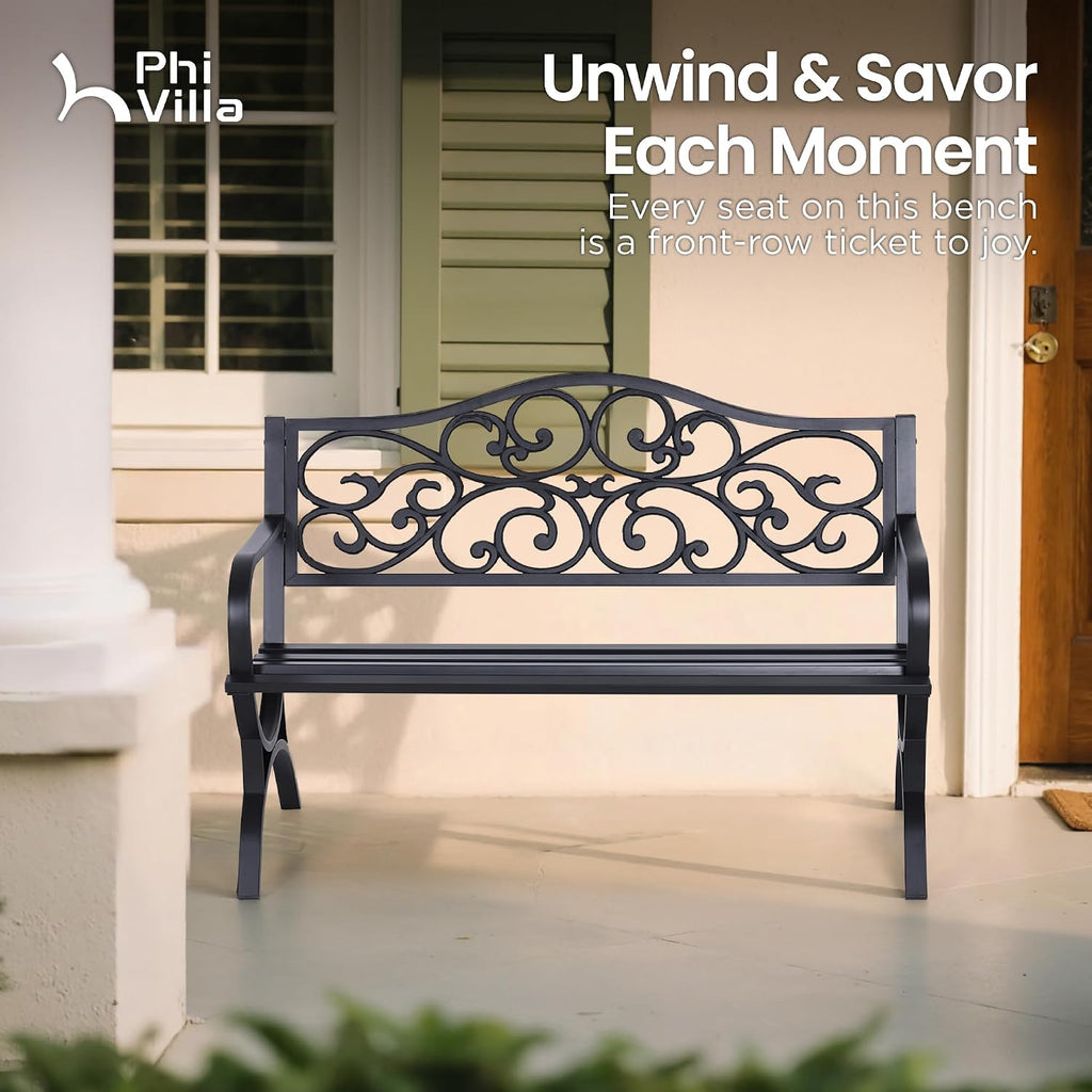 50 Inches Cast Iron Steel Frame Outdoor Garden Bench, Black | E-coating Floral Design Backrest, Slatted Seat