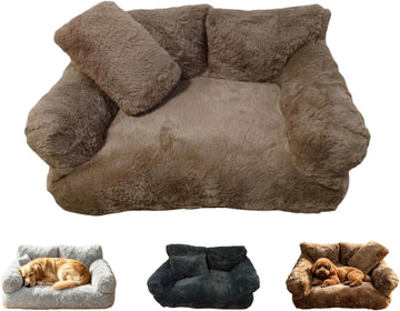 Plush Calming Pet Sofa Bed Fluffy Dog Cat Couch Washable (Khaki, X-Large)