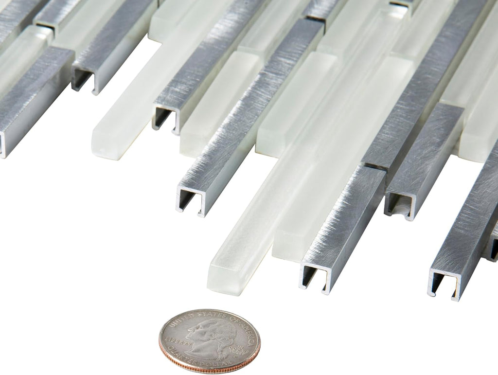 Linear Mosaic Glass & Metal Tile White & Silver 11.8x11.8 4.83 sq ft 5pk | Mesh-backed sheets. Kitchen backsplash