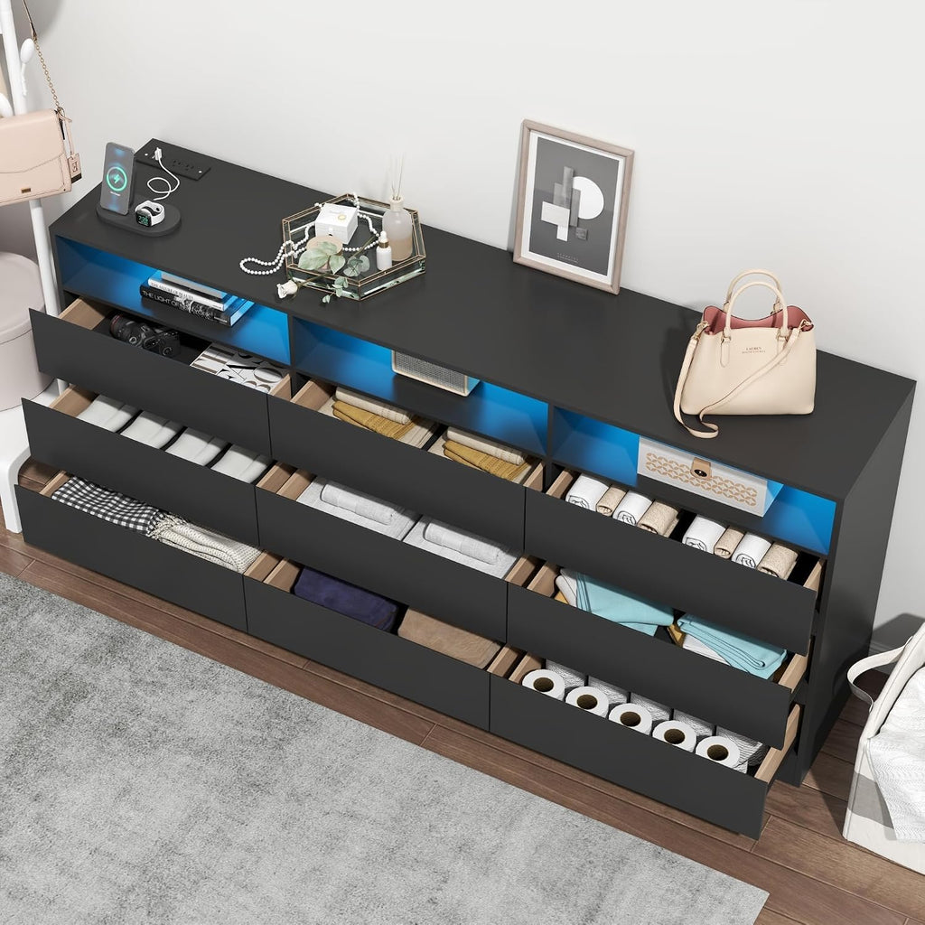 9 Drawer Black Dresser with LED Lights & Power Outlet