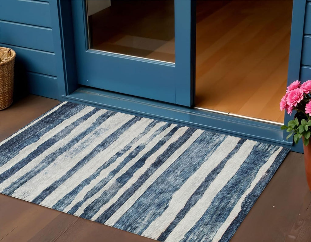 3' X 5' Denim Blue and Gray Striped Washable Indoor Outdoor Area Rug