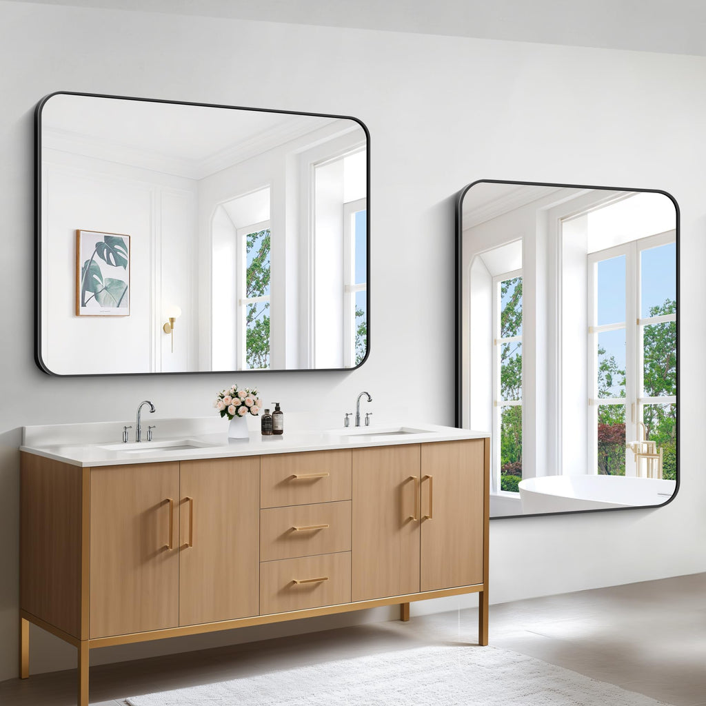 Bathroom Mirror, 48x36 inch Black Rectangle Wall Mirror, Metal Frame Rounded Corner Vanity Mirror, Large Wall Mounted