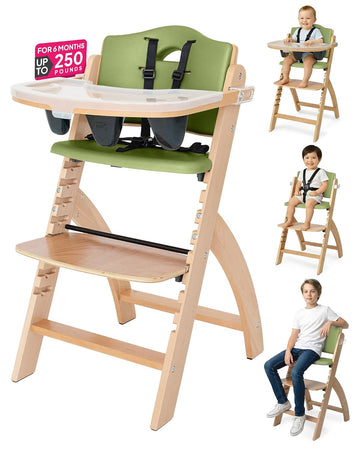 Beyond Junior Convertible Wooden High Chair with Removable Tray - Natural Olive | 3-in-1 Adjustable Highchair for
