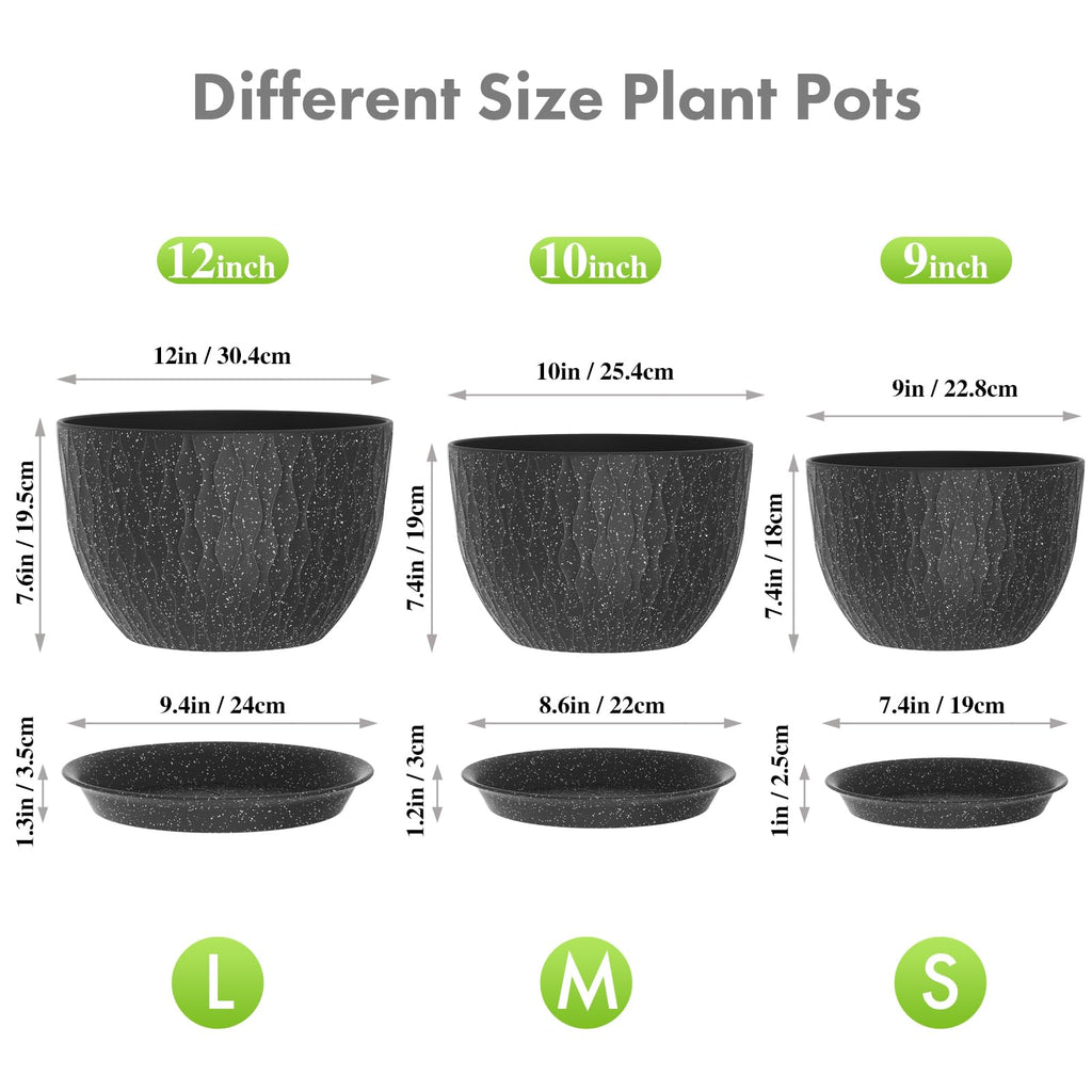 12/10/9 inch Large Flower Pots, 3 Set Big Plant Pots for Outdoor Indoor Plants with Water Ripples, Wide Plastic