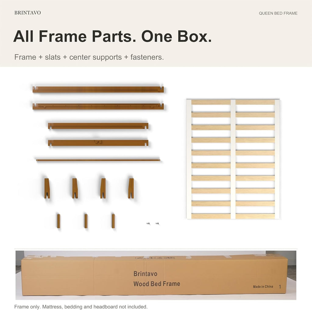 Bed Frame, Solid Rubberwood Main Frame with Plywood Slats, Japanese-Inspired Joinery, Tool-Free 10 Minute