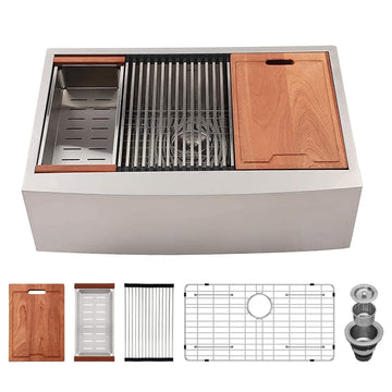 30 Kitchen Sink Apron Front 30X22 Inch Farmhouse Sink Workstation 16 Gauge Stainless Steel Single Bowl Handmade