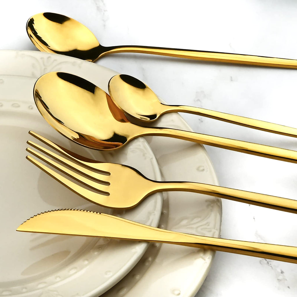 24Pcs Gold Mirror Silverware Flatware Set, 18/0 Stainless Steel Cutlery Set Utensils Kitchen Dinnerware Include Knife
