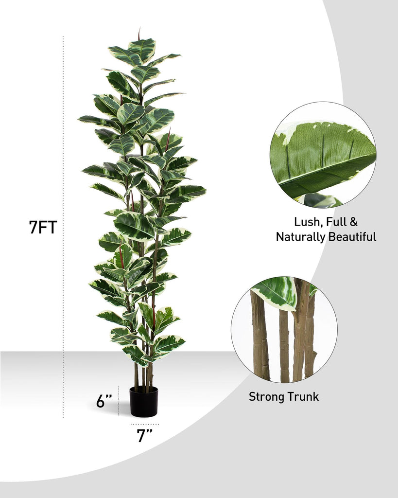 Artificial Rubber Tree Plant 7ft Tall Faux Ficus Tree Potted Fake Tropical Plants Decorative House Plants Large Floor