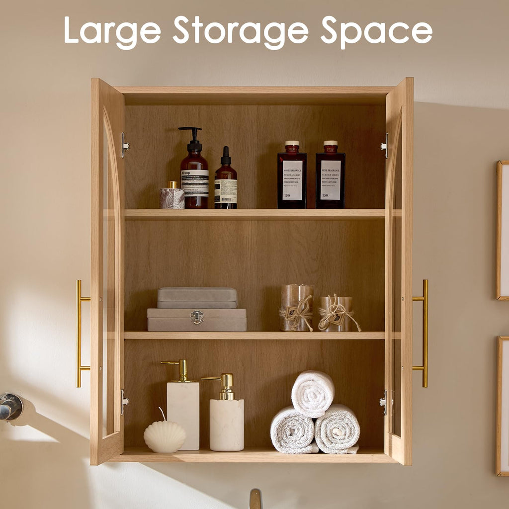 Bathroom Wall Cabinet, 23.5×31.4'' Storage Cabinet, Arched Cabinet Wall Mount with Adjustable Shelf & Glass Doors